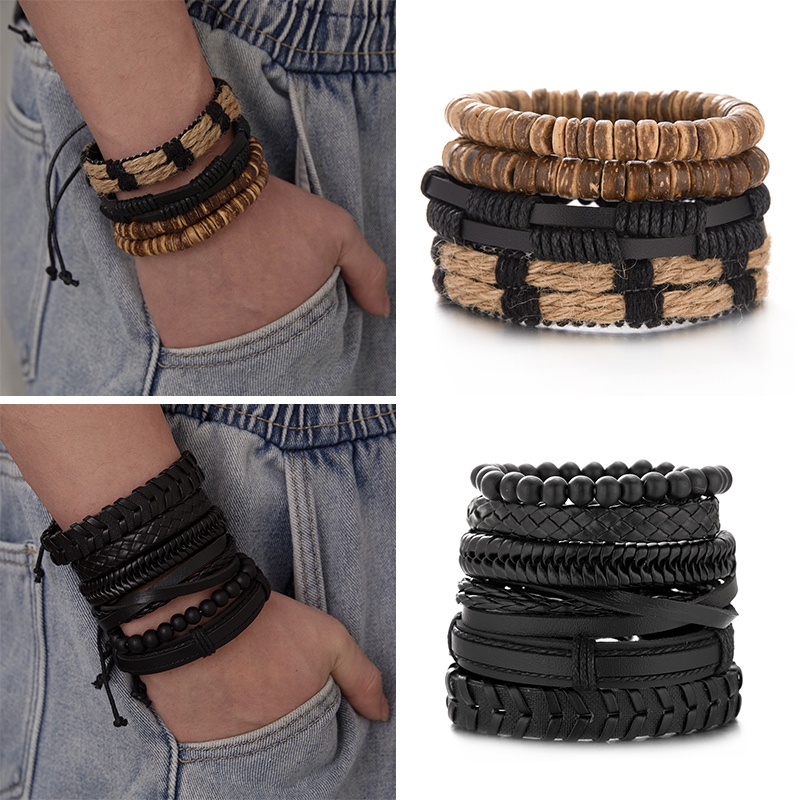 5 / 6 Pcs Gelang Bahan Kulit Woven Adjustable Untuk Pria