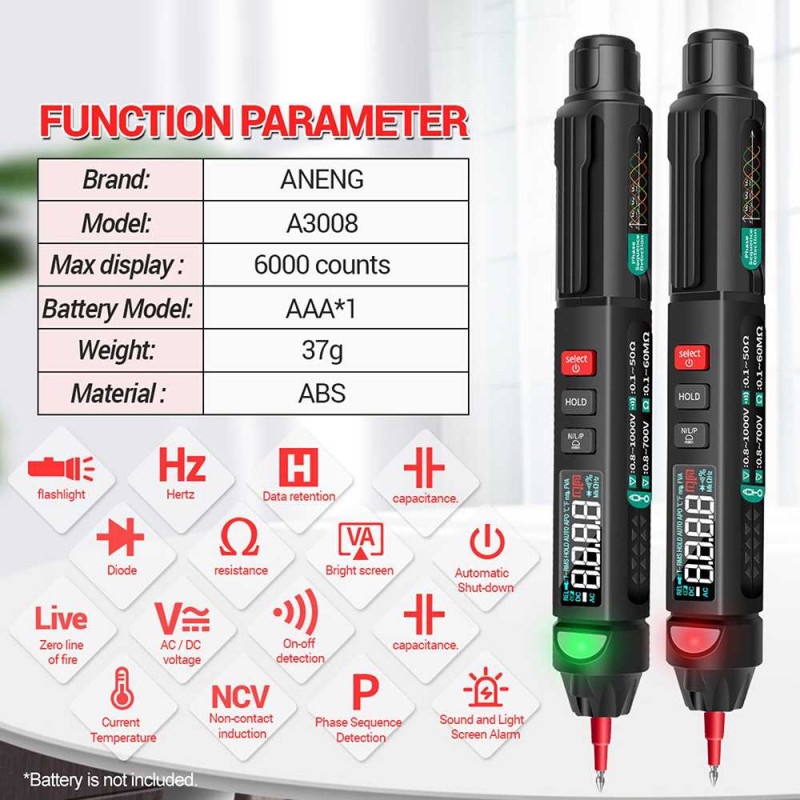 Tespen Digital Multimeter Multitester Voltage AC DC Tester Pen LED A3