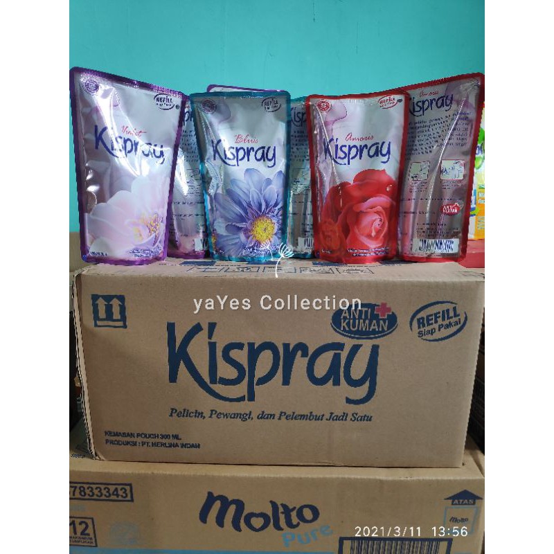 Kispray SIAP PAKAI Refil 300ml Pelicin Pewangi Pelembut Baju antiKuman Merah Biru Ungu Violet kispre