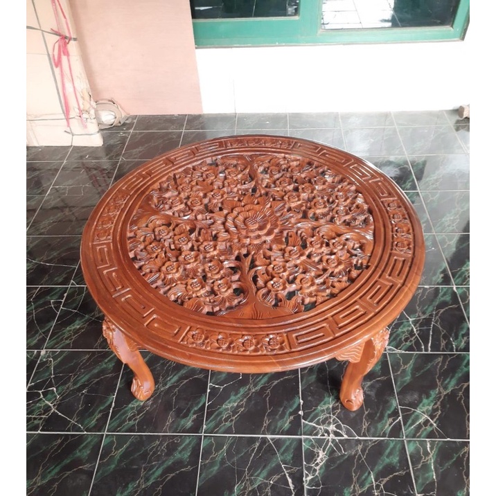 Meja tamu bulat full ukir meja Oshin jati