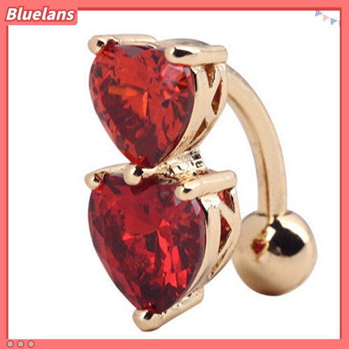 Bluelans Reverse Crystal Zircon Bar Belly Ring Gold Body Piercing Button Navel Two Hearts