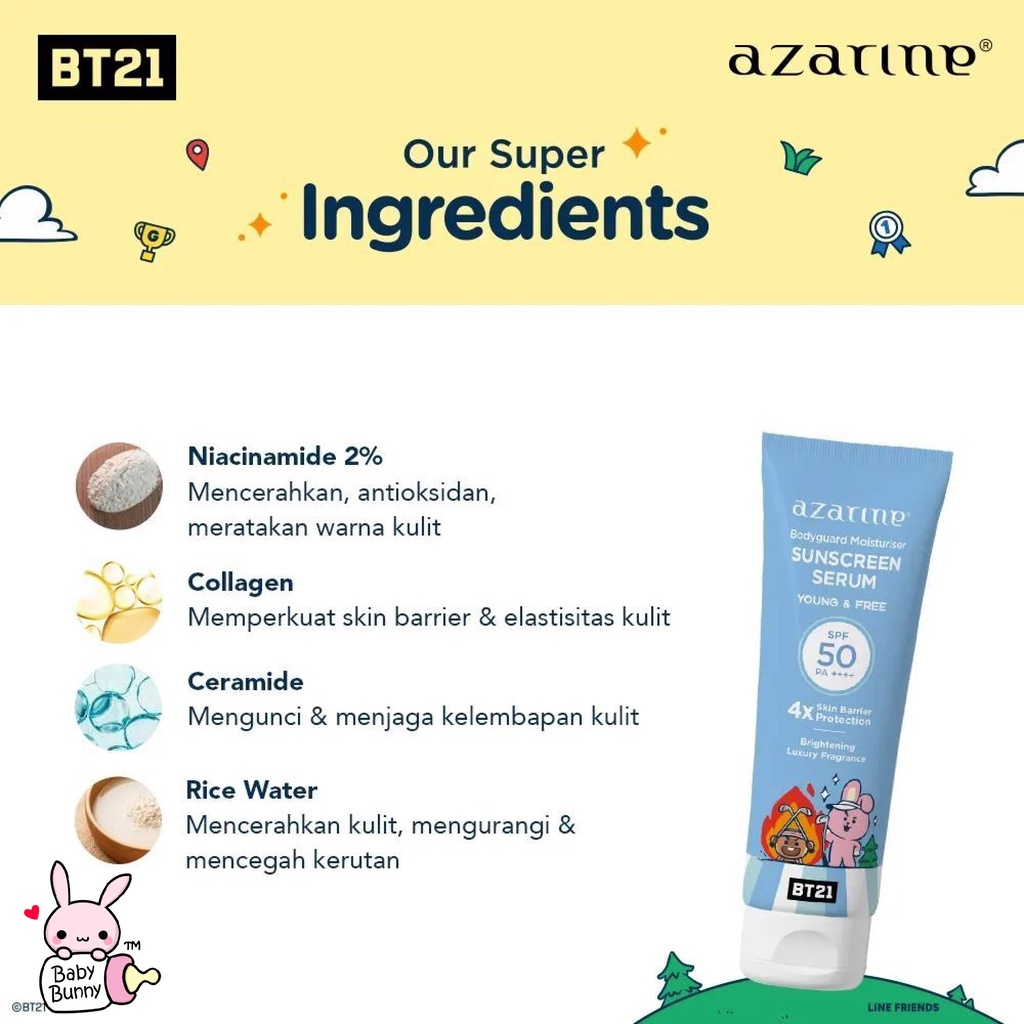 ❤ BELIA ❤ Azarine x BT21 Body Guard Moisturizer Sunscreen Serum 100ml SPF 50 PA++++ | BPOM Bodyguard Collab Line BTS sun screen block sunblock tata RJ chimmy cooky koya shooky mang van