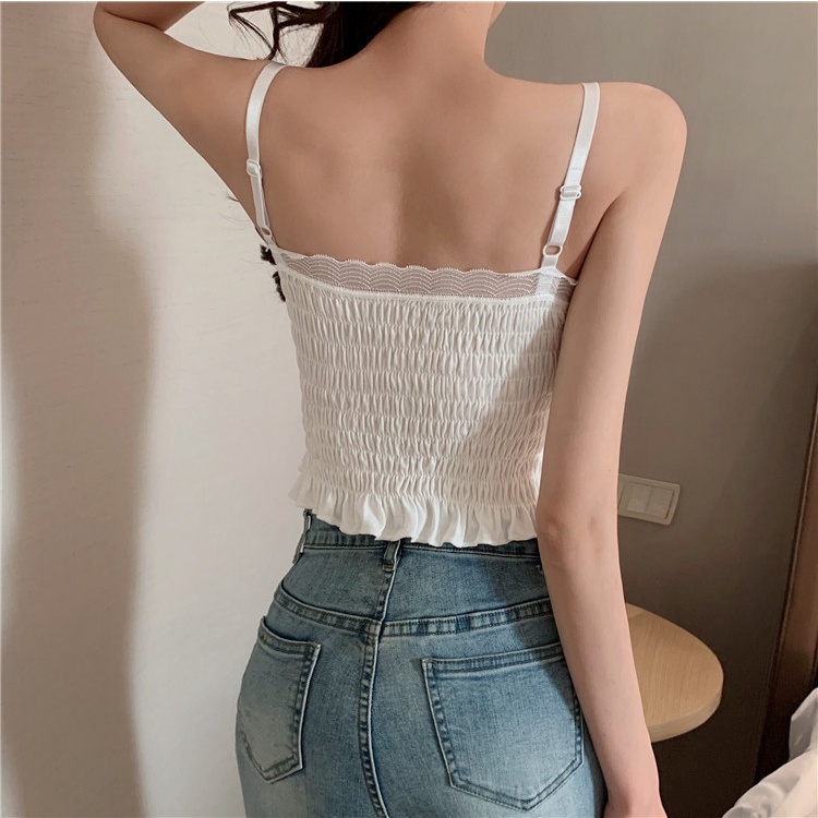 DODORY BRA518 Tanktop V-Neck Crop Renda Crinkle Dengan Busa Bra Tanpa Kawat Singlet Casual OOTD