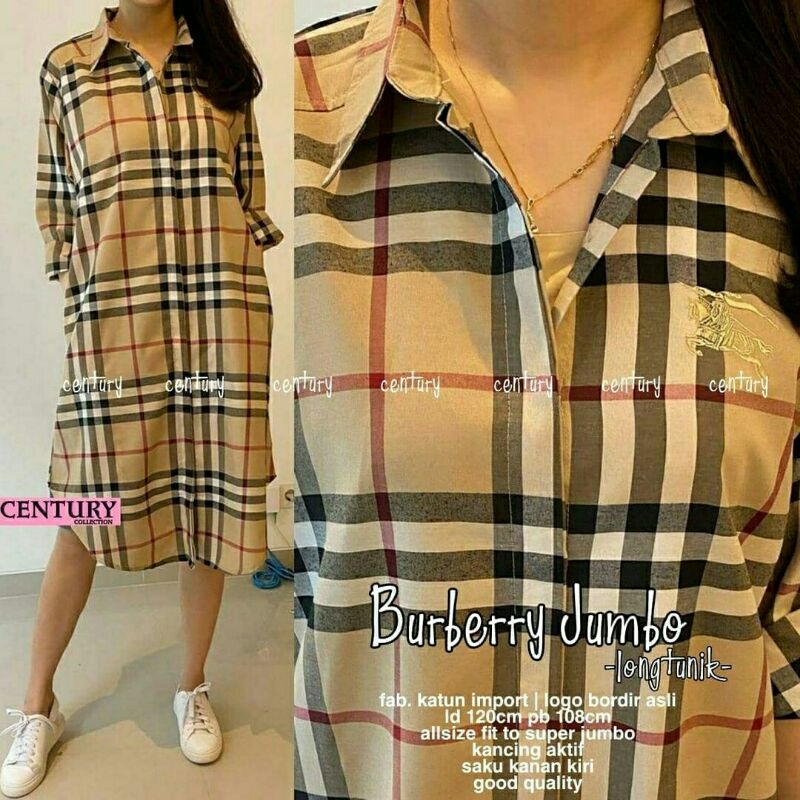 Burberry Jumbo Long tunik mocca atasan cewek Katun import bordir big size XXXL LD120 motif kotak new