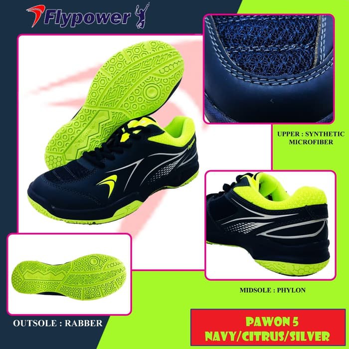 Sepatu Badminton ORIGINAL FLYPOWER PAWON 5 Navy Citrus - Hijau 44