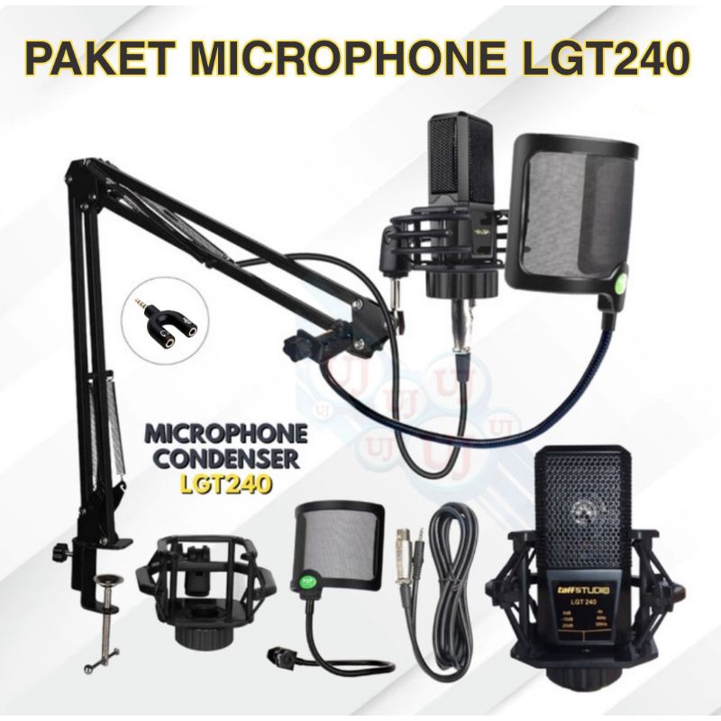 Microphone Condenser LGT240 Paket Mic Stand Arm Pop Filter Original