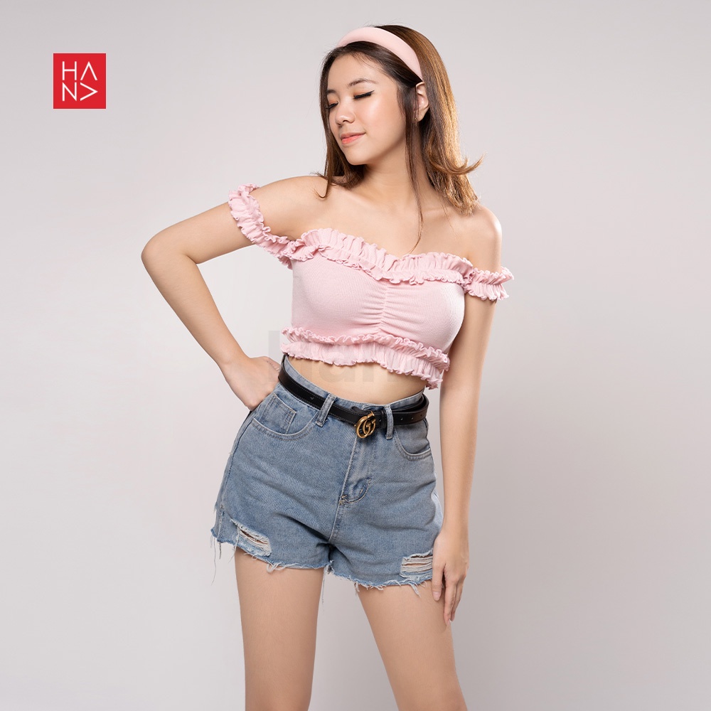 Hana Fashion - Reta Ruffle Crop Top Off Shoulder - TT215