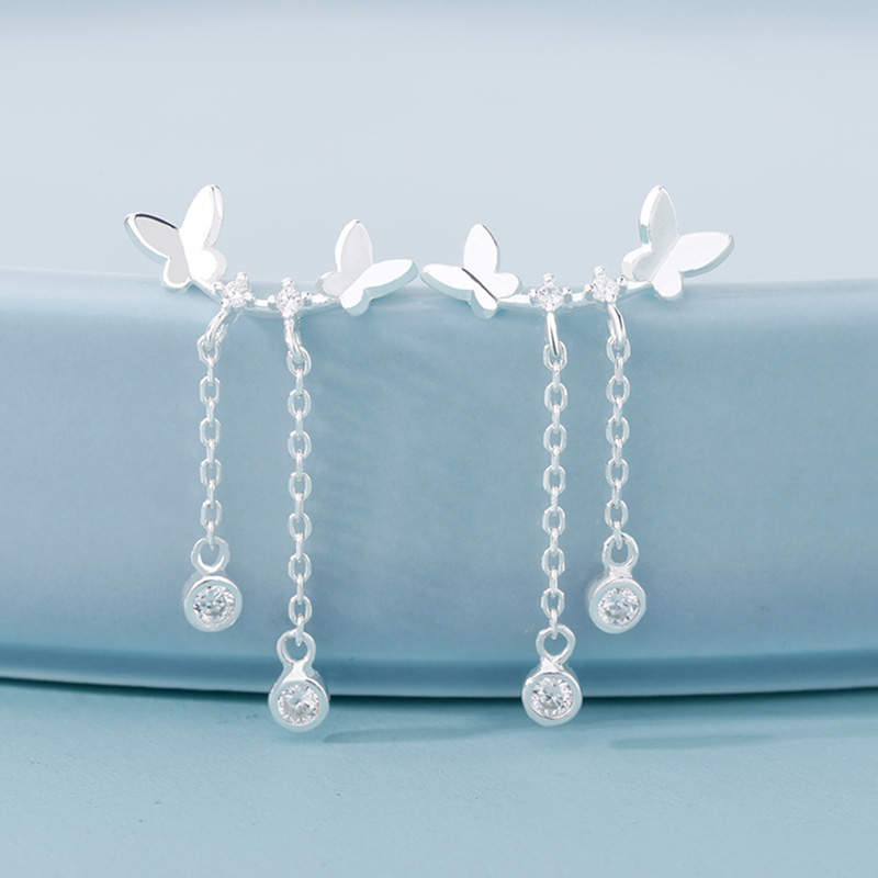 Anting Kupu Perak Charm Butterfly Silver Earring Stud Korea Tassel Crystal Dangle Earrings for Women Jewelry Gift Hot