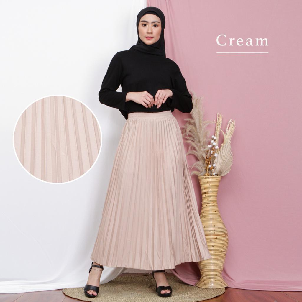 ROK PLISKET MURAH PRISKET PLEATED SALE POLOS REMPEL MUSLIMAH SKIRT ABG FLARE SKIRT MAYUNG FLOWY-CREAM