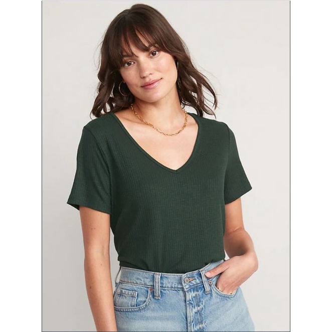 Old Navy Short-Sleeve Luxe V-Neck Rib-Knit T-Shirt | Kaos V-Neck Wanita