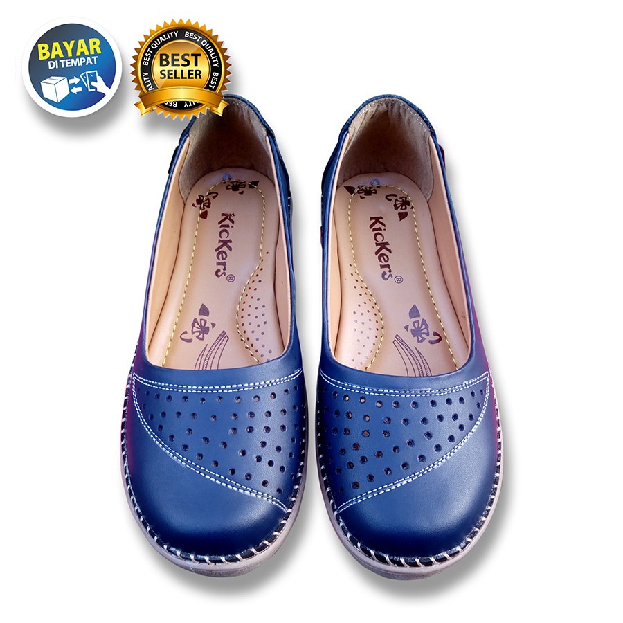 PROMO 4.4 MEGA SALE !! SEPATU WANITA DEWASA BALET KULIT SAPI ASLI NAVY ANTI LICIN / SAKIPO