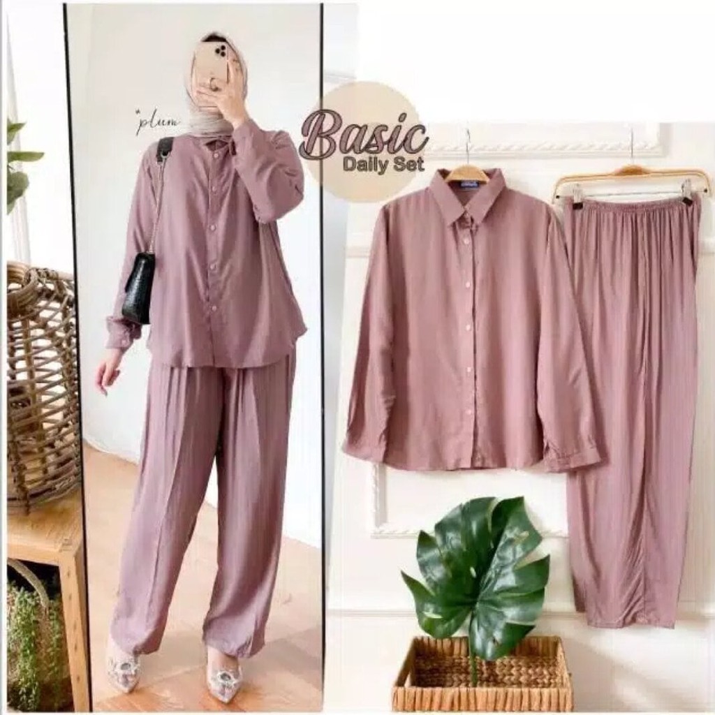 SET RAYON POLOS KEKINIAN/ONE SET WANITA TERBARU LENGAN PANJANG/SETELAN BAJU DAN CELANA DAILY FIA.COLLECTION-MOCCA