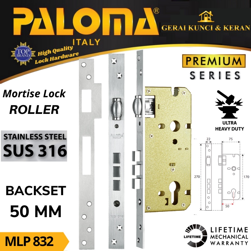 BODY KUNCI  PELOR PALOMA 50 MM MLP 832 STAINLESS STEEL SUS 316 MORTISE LOCK PREMIUM ROLLER