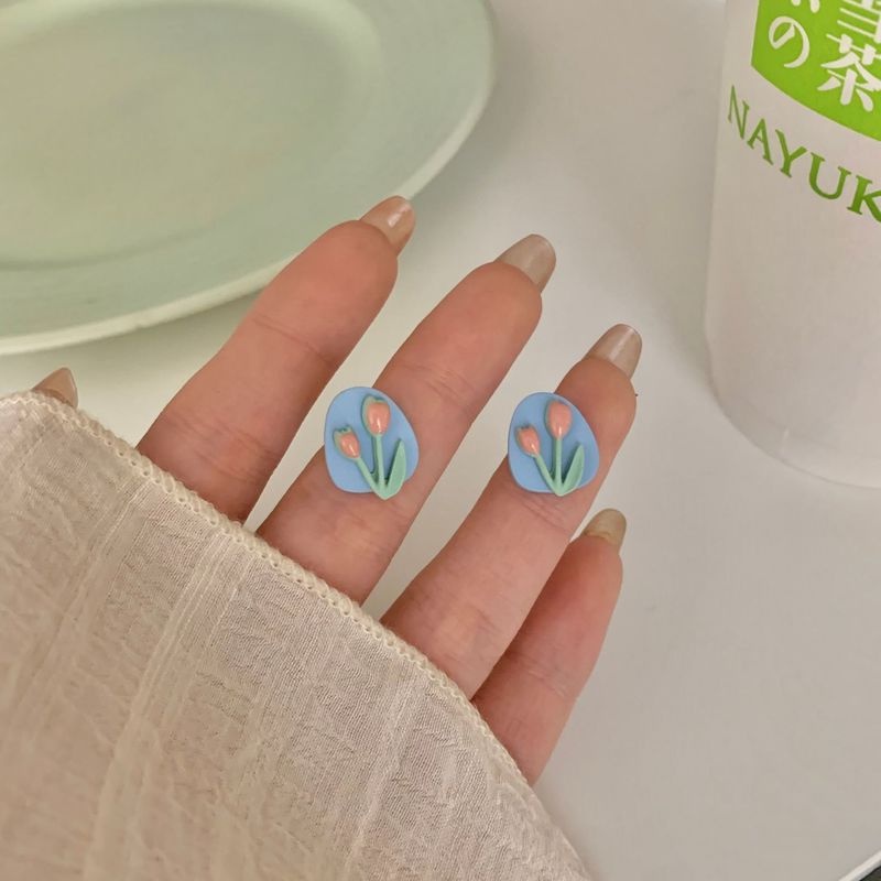 Anting Tusuk Motif Bunga Tulip Bahan Sterling Silver 925 Untuk Wanita