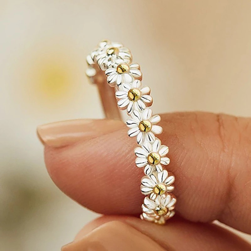 Cincin Model Terbuka Dapat Disesuaikan Desain Bunga Daisy Untuk Wanita