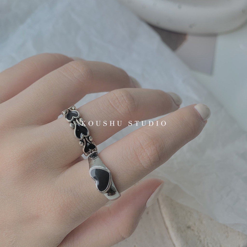 Cincin Bentuk Hati Warna Hitam Gaya Retro Harajuku Korea