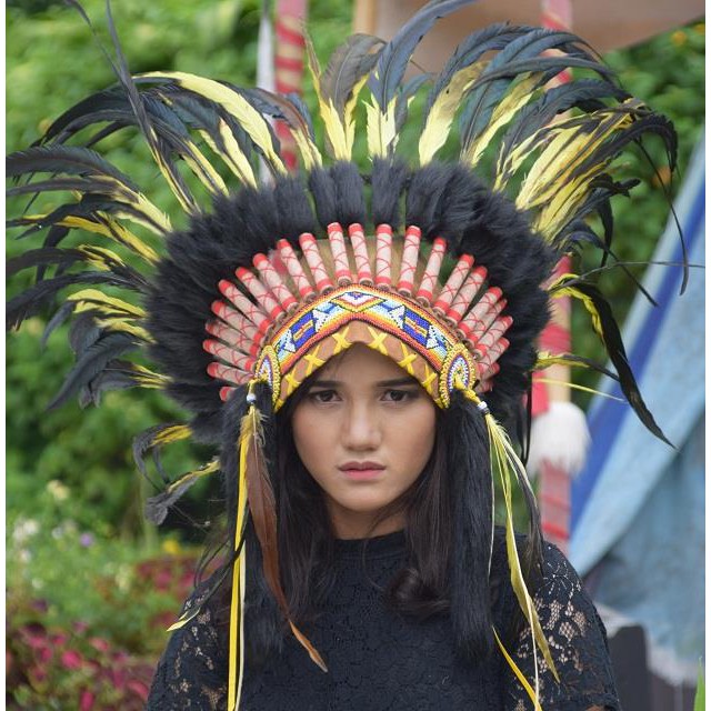 TOPI INDIAN - INDIAN HEADDRESS SMALL AYAM MONTE KUNING FUR HITAM