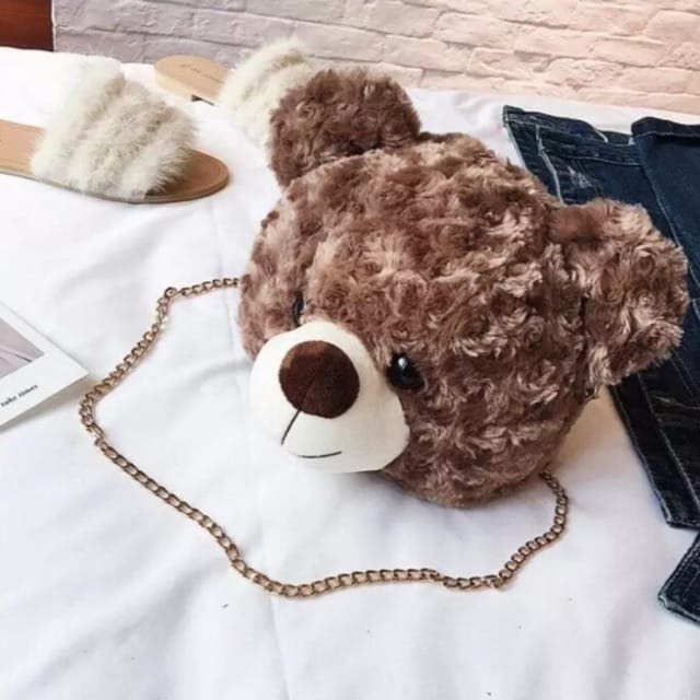 RULLY Tas Selempang Wanita Tali Rantai Teddy Bear Bahan Bulu Bear Head