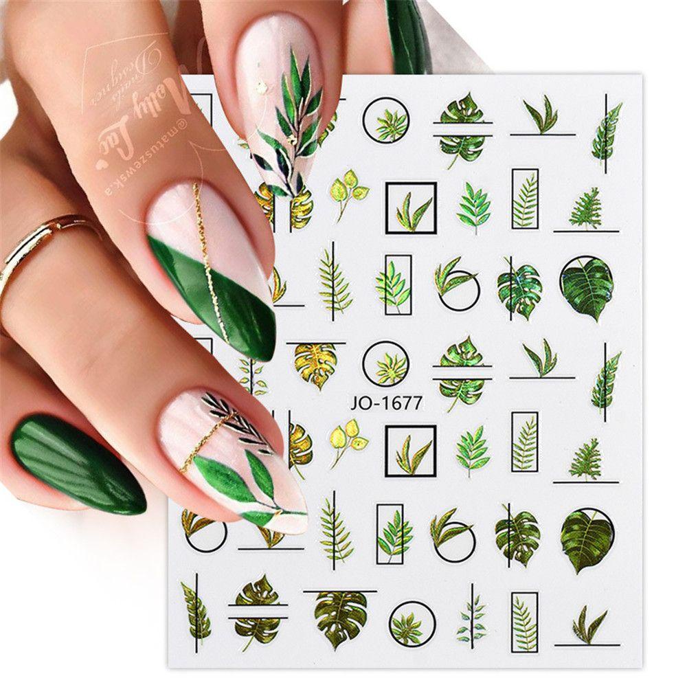 Solighter 3D Stiker Kuku Daun Hijau Selfadhesive Laser Aurora Nail Art Dekorasi