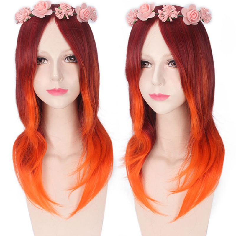 LOL-37 wig daily lolita rambut palsu panjang wanita gradasi merah orange fire