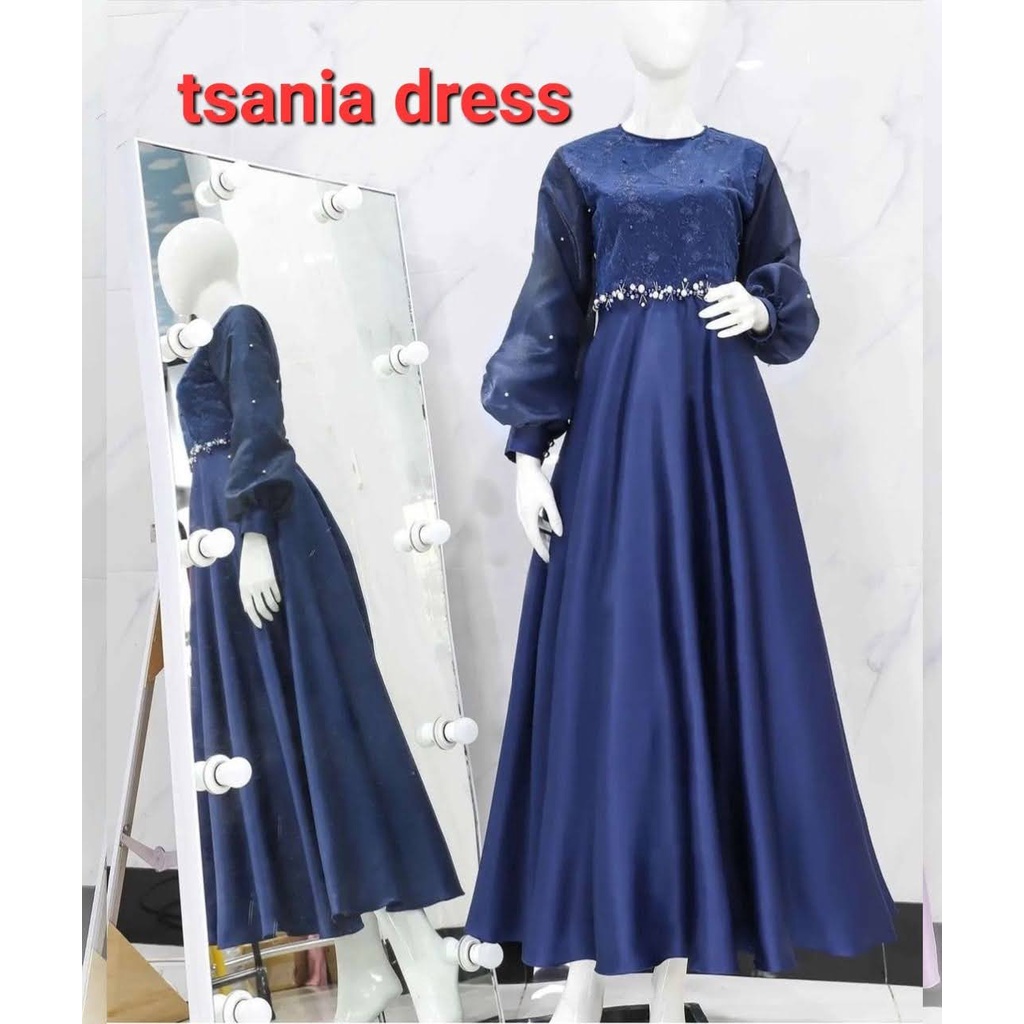 ELDE 12 -  TSANIA DRESS BRUKAT (L - XL - XXL) BAHAN TILE MUTIARA LAPIS FURING KOMBI BAWAH ROBERTO BAGIAN LENGAN ORGANZA LAPIS FURING PINGGANG MUTIARA TEMBAK MODEL SLETING BELAKANG, TALI OBI KIRI DAN KANAN