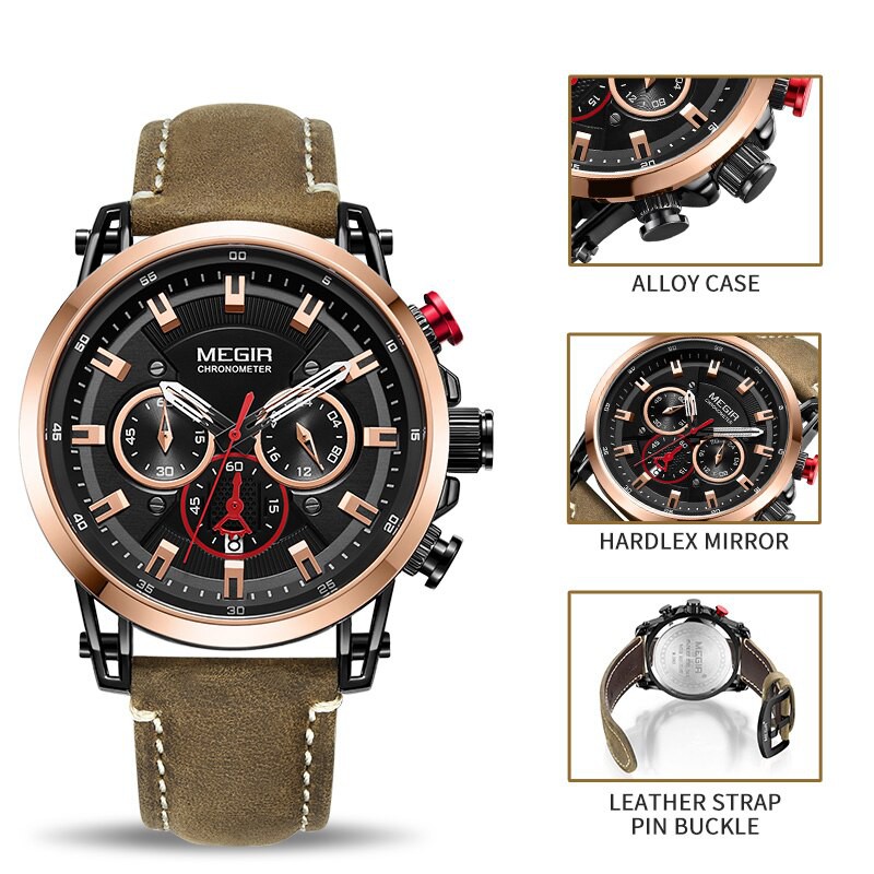 MEGIR 2085 Jam Tangan Pria Analog Chronograph Tali Kulit WATCHKITE WKOS