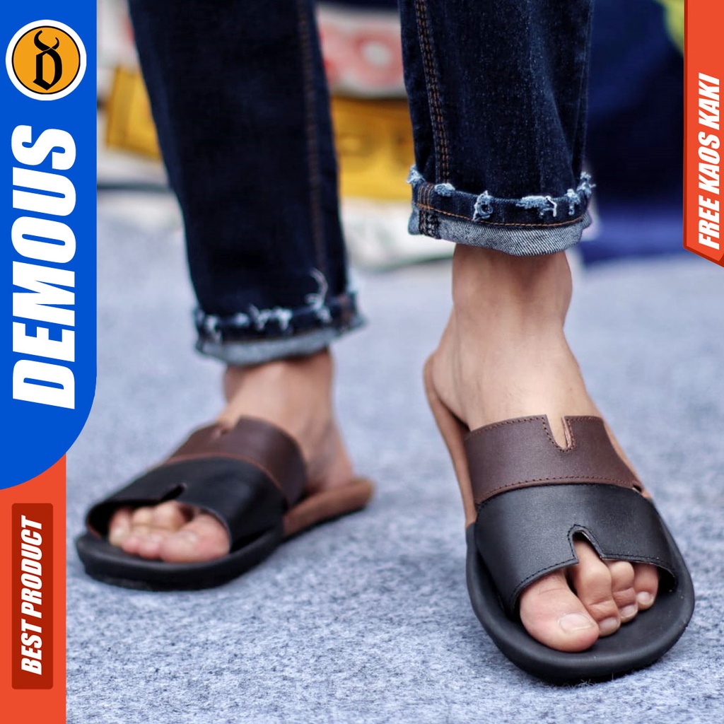 DEMOUS COMBI Sandal Sendal Slop Kulit Asli Kekinian