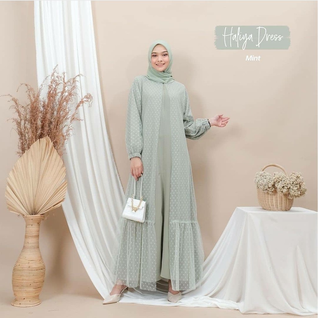 [ BEST SELLER ]  Haliya Dress Mosscrepe Mix Tille Dot JUMBO XXXXL / Gamis Kondangan / BAJU DEWASA MURAH TERBARU 2022 / Gamis Kondangan Wanita / Gamis bridesmaid / Gamis Wanita busui friendly