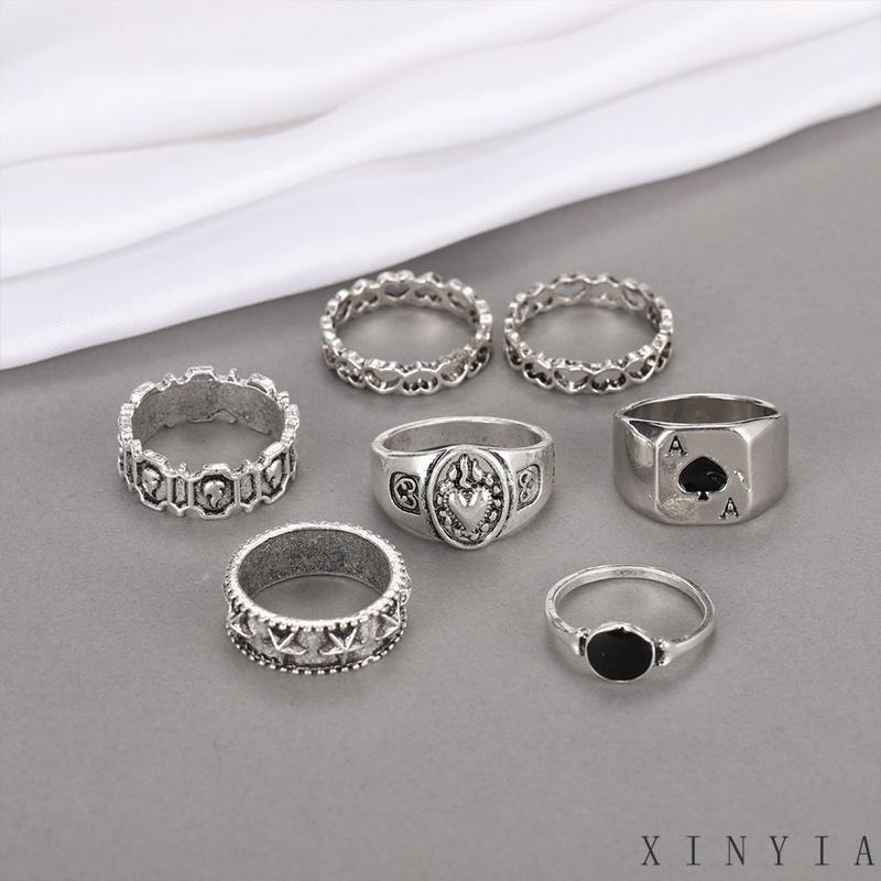 7 Pcs Cincin Jari Bentuk Hati Tidak Teratur Warna-Warni Gaya Punk Retro Untuk Pria