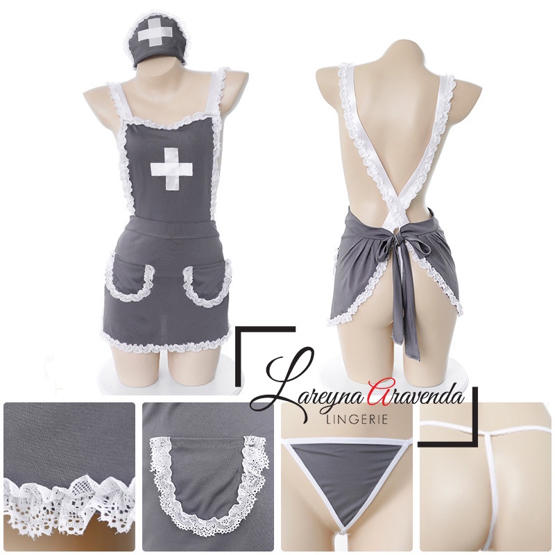 Set Lingerie + Bando + G String Seksi Model Costum Nurse Apron LG350