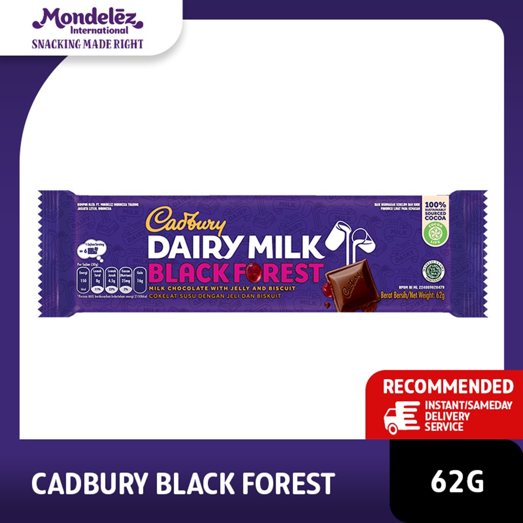 

Cadbury Dairy Milk Chocolate Black Forest Regular 62g, coklat dengan susu untuk Camilan