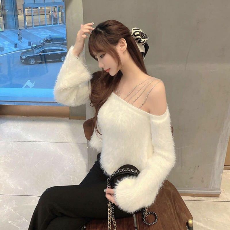 [ YF ] Crystal Strap Fury Knit Blouse Premium