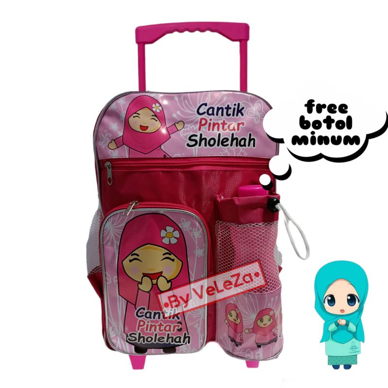 Tas ransel troli anak karakter muslimah gratis paket pinsil jam tangan botol minum - tas anak - tas troli