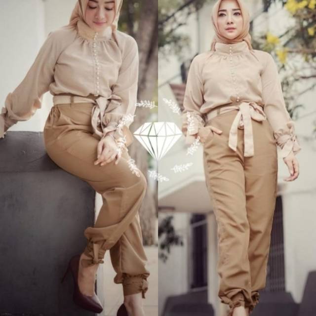 Set Cameron Muslim Joger Kemeja Belt Obi setelan wanita terbaru Premium Murah