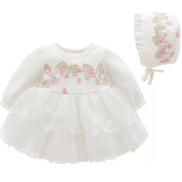 Dress bayi set topi aqiqah baptis putih pink polos renda bunga - Putih, 66