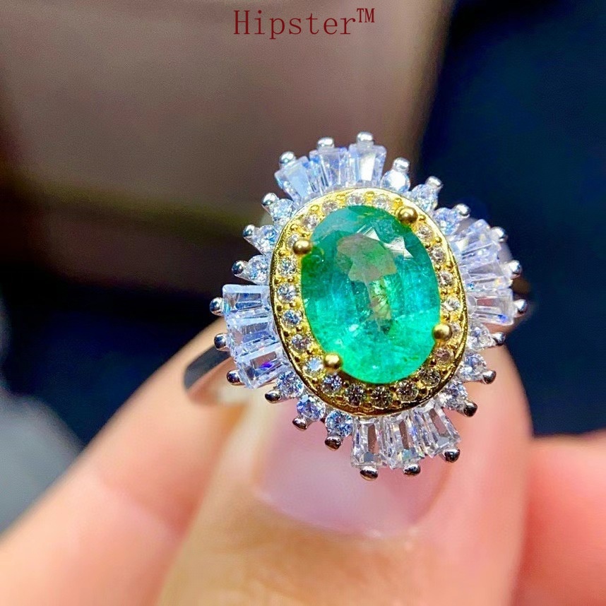 Hot Sale Natural Emerald Luxury Full Diamond Colored Gems Adjustable Ring