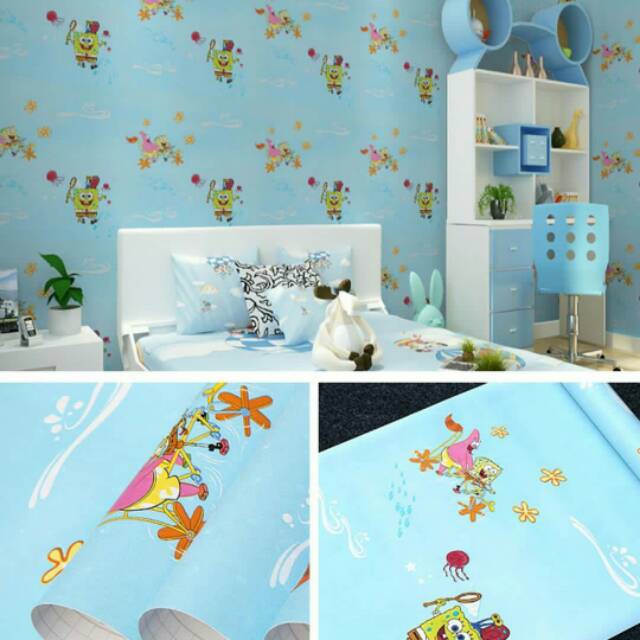 (PROMO) Gudang Wallpaper Stiker Dinding / Walpaper Stiker Dinding  Wallpaper SepongeBob Bahan PVC Premium (SUDAH ADA LEM)