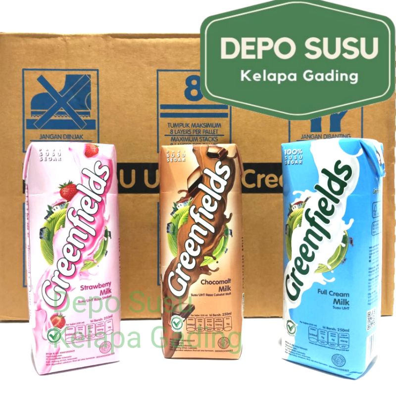 Susu Greenfields UHT 250 ml X 24pcs All Varian | Full Cream Coklat Strawberry plain 250ml Greenfield Choco Malt Chocolate Milk Chocomalt