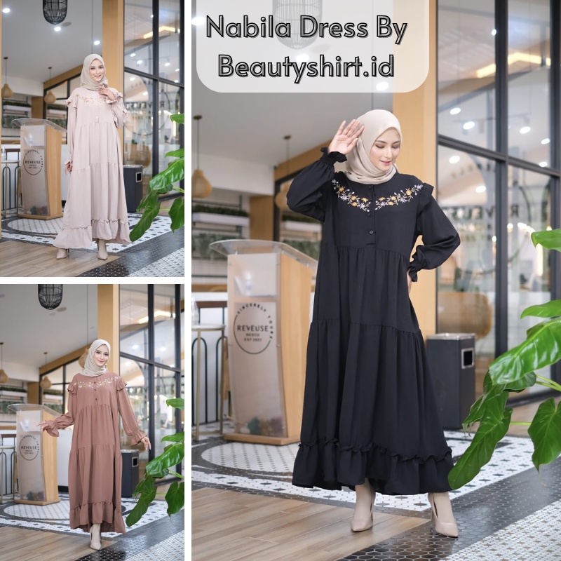 NABILA DRES - Baju Gamis Wanita Muslim Terbaru Bahan Crinkle Airflow Premium Motif Bordir Ukuran Fit To L LD 108 Cm /  Pakaian Wanita Fashion Muslim Kekinian