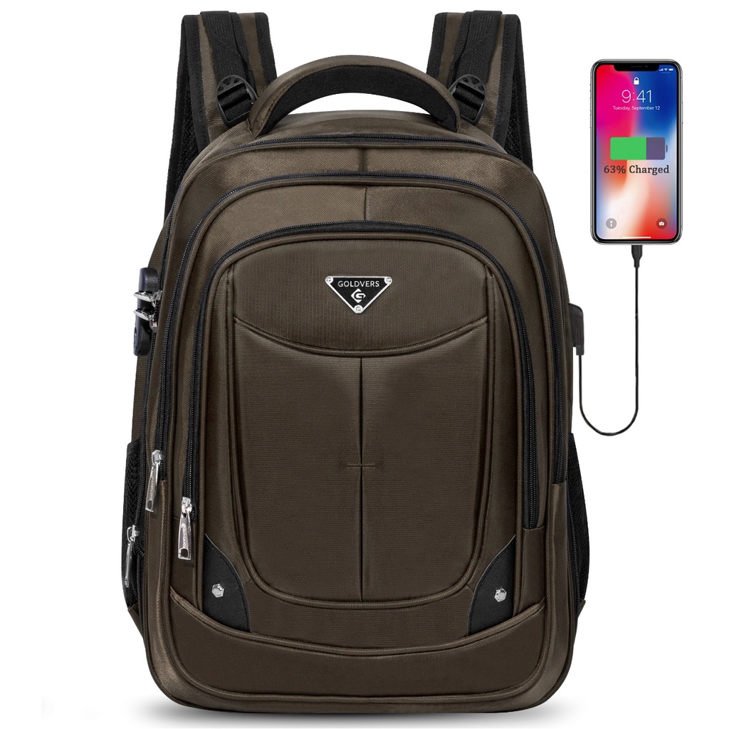 POLO GOLDVERS Backpack Pria Wanita Key Lock Tas Ransel Sekolah Kuliah Kerja 18 Inc High Quality Import FREE Kabel USB Port + Kompartemen Laptop 14 Inc