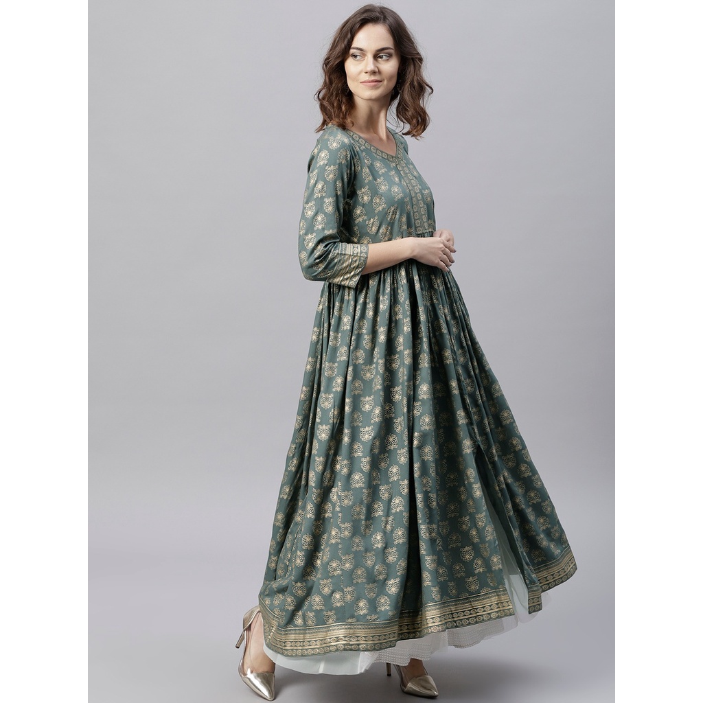Kurti Varanga Green & Golden Printed Anarkali / Kurti India / Baju Anarkali / Baju India Size Jumbo 