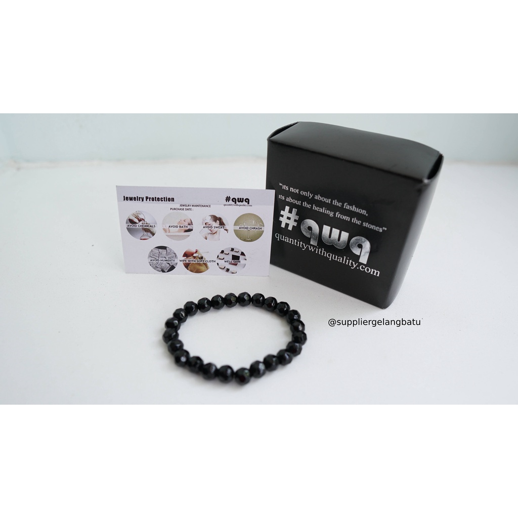 gelang kristal bola dunia black quartz kuarsa hitam kotak kado lux