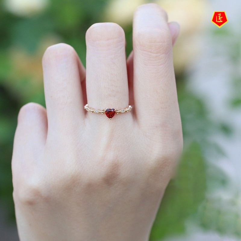 [Ready Stock]Women's Fashion Heart-Shaped Ruby Ring 14K Gold