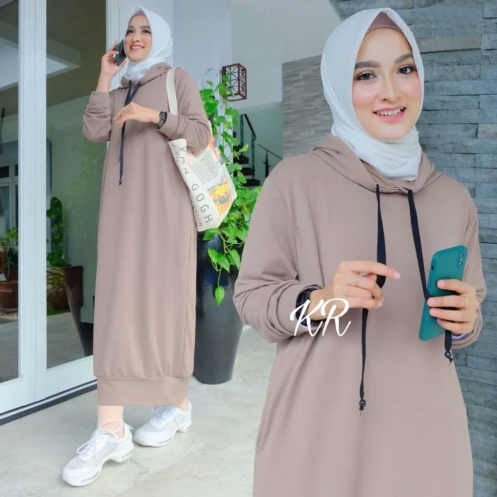 FASHION MUSLIM PAKAIAN WANITA LONG DRESS HOODIE SELINE BABYTERRY KR ADA VIDEO REAL PICT