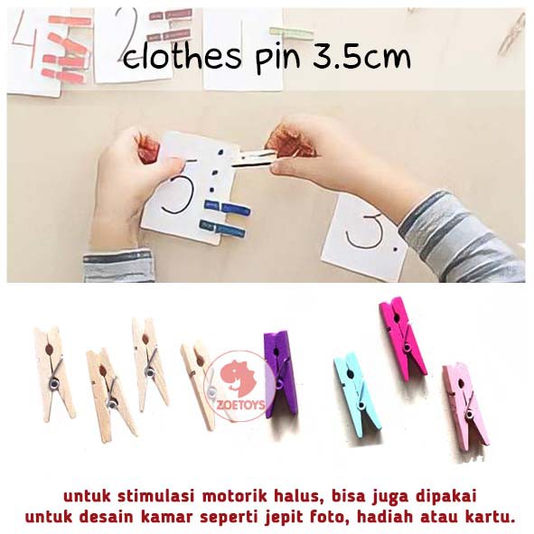 Zoetoys Clothes Pin 3.5cm | Wooden Mainan Jepit Klip Kayu Penjepit Foto Polaroid Warna Color Natural