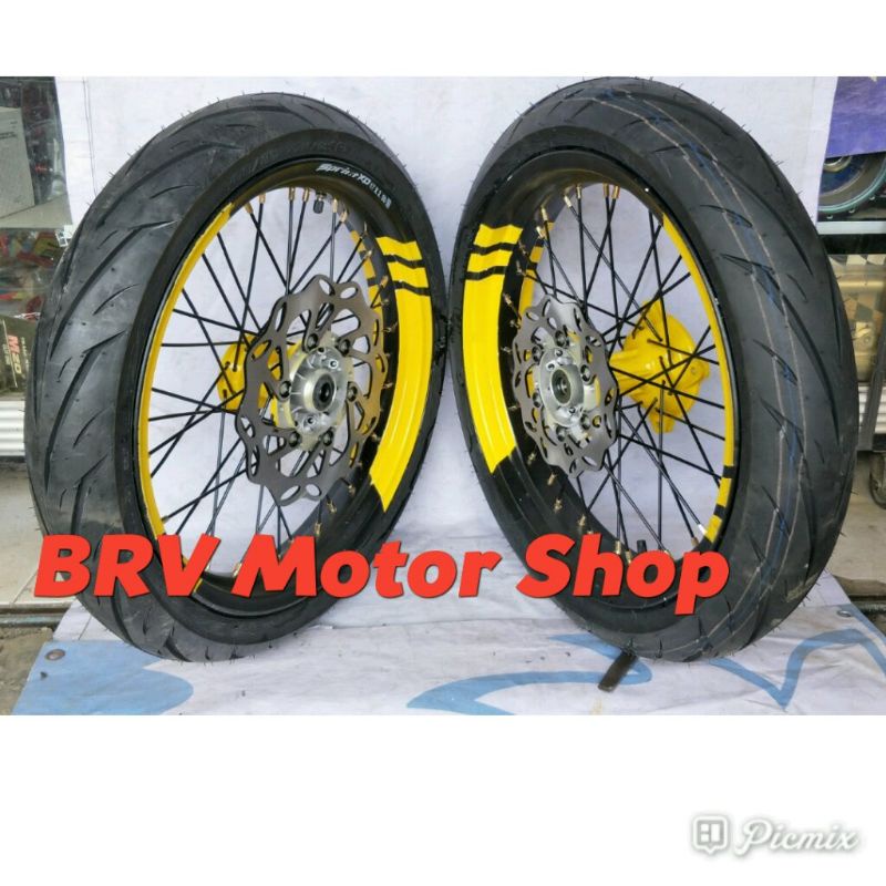 Sepaket Velg SuperMoto Klx 150 D Tracker 150 Tromol Ori 250-300+17 Lengkap Ban Full Set