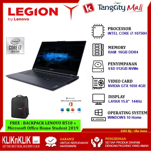 Laptop Gaming Lenovo Legion 5 Black Gen10 | Intel i7-10750H-16GB-512GB-GTX1650TI-WIN10 + OHS