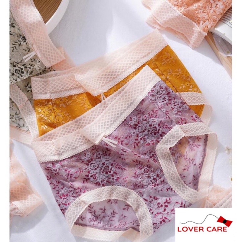 Lovercare - Celana Dalam Wanita Sexy Renda Flower CD Pertengahan Pinggang Model Baru Jepang