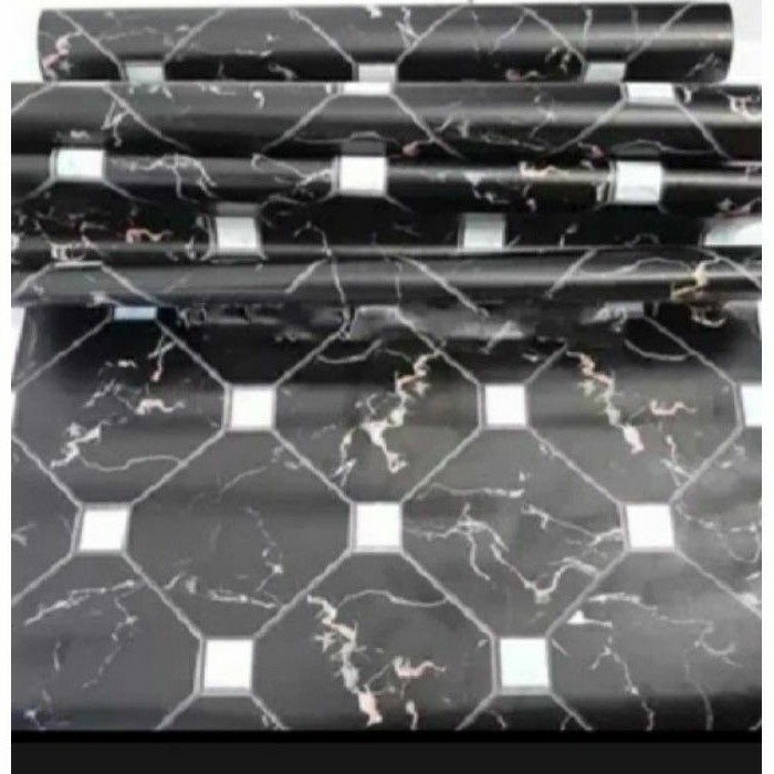 Wallpaper Sticker Motif Marmer Kotak Putih Dasar Hitam