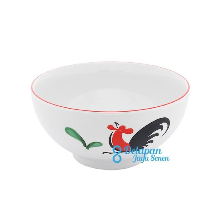 JUAL MANGKOK KERAMIK PORSELEN MOTIF AYAM JAGO PREMIUM KOPIN 6" MANGKOK SAJI MIE BAKMI AYAM UDON